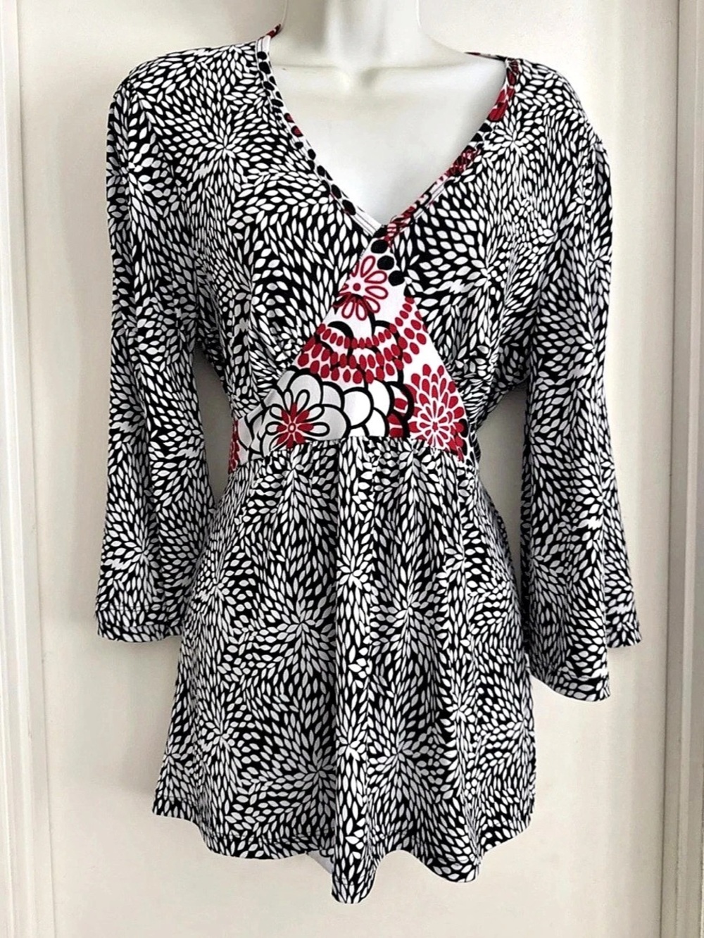 Carole Little Blouse Purple Floral V Neck Tunic Long 3/4 Sleeve Vtg Top Size L